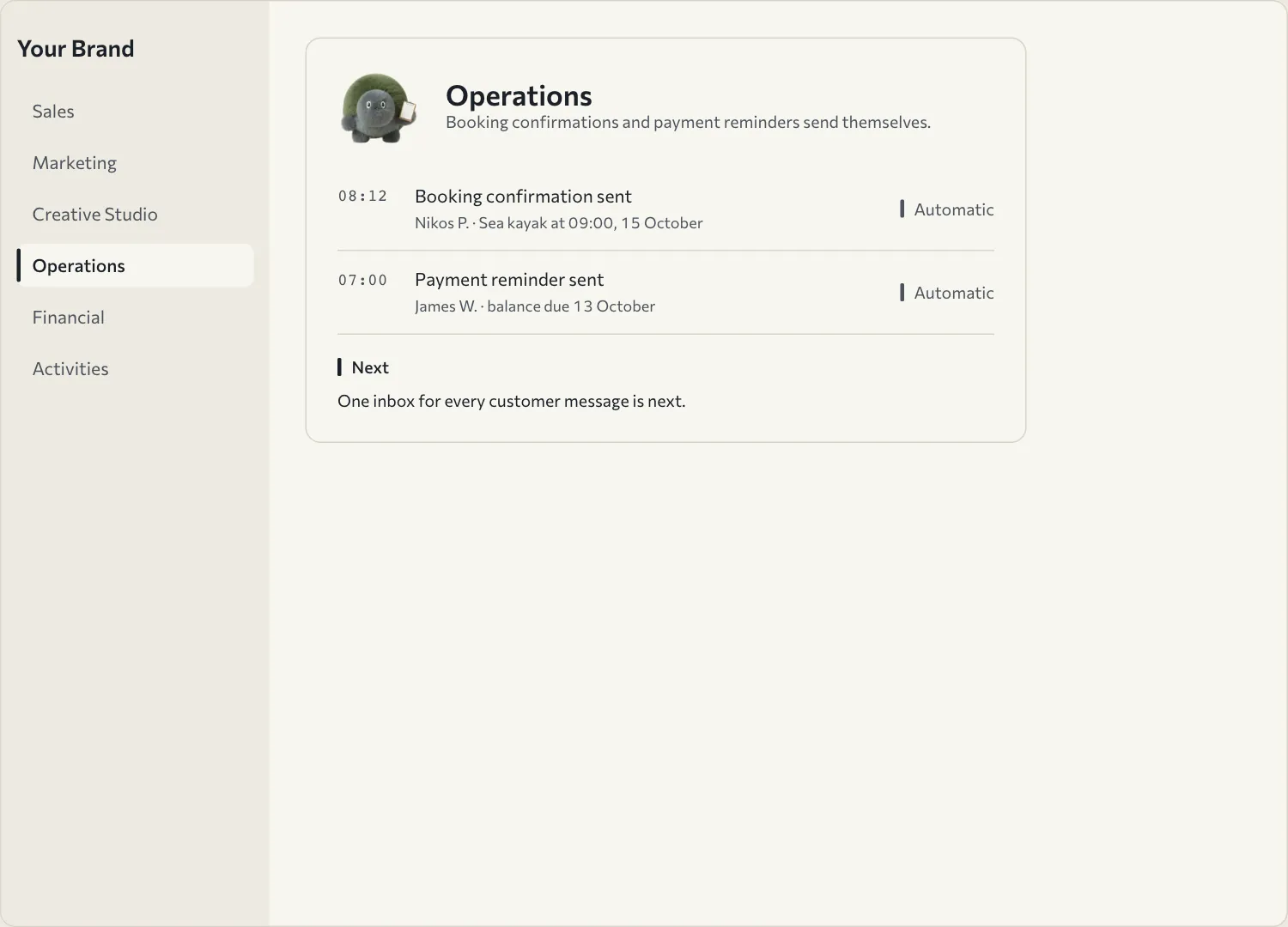 The Operations area: confirmations and reminders sent automatically, and one inbox for every customer message marked Next.