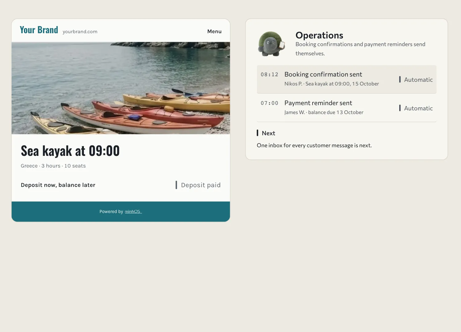 A booking with a deposit on the operator's own site, and the booking confirmation sent automatically by Operations.