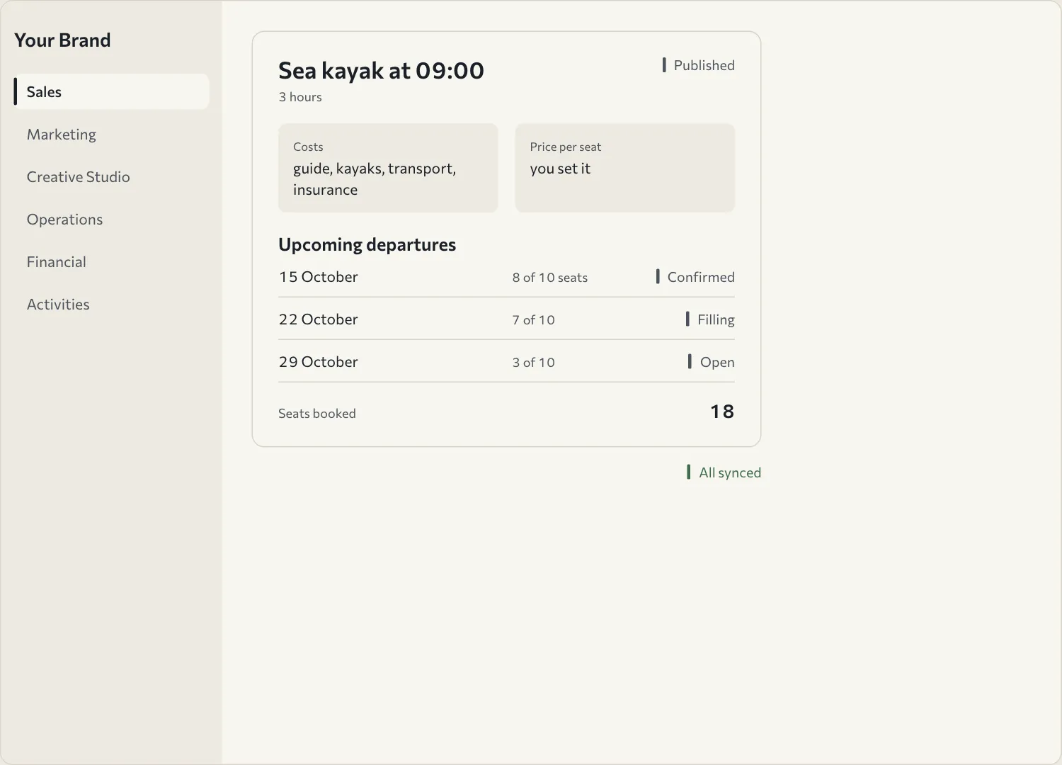 Departures for Sea kayak at 09:00: 22 October is now at 7 of 10, and All synced.