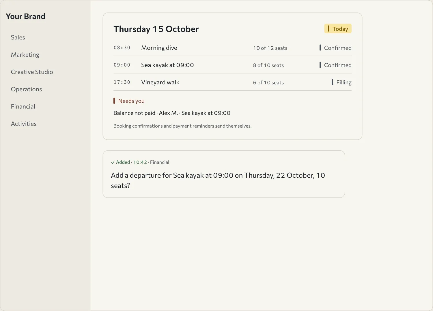 The minhOS Today view: three departures, and a Financial draft for a 22 October departure, marked Added.