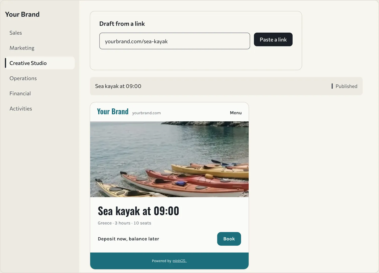 Creative Studio drafts a Sea kayak at 09:00 trip page from a link, and it is published.