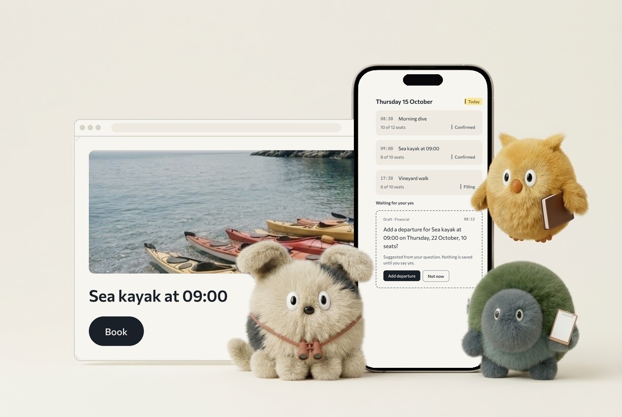 A trip page for Sea kayak at 09:00 beside a phone showing today's schedule and a draft waiting for your yes, with minhOS AI agents as plush toys.