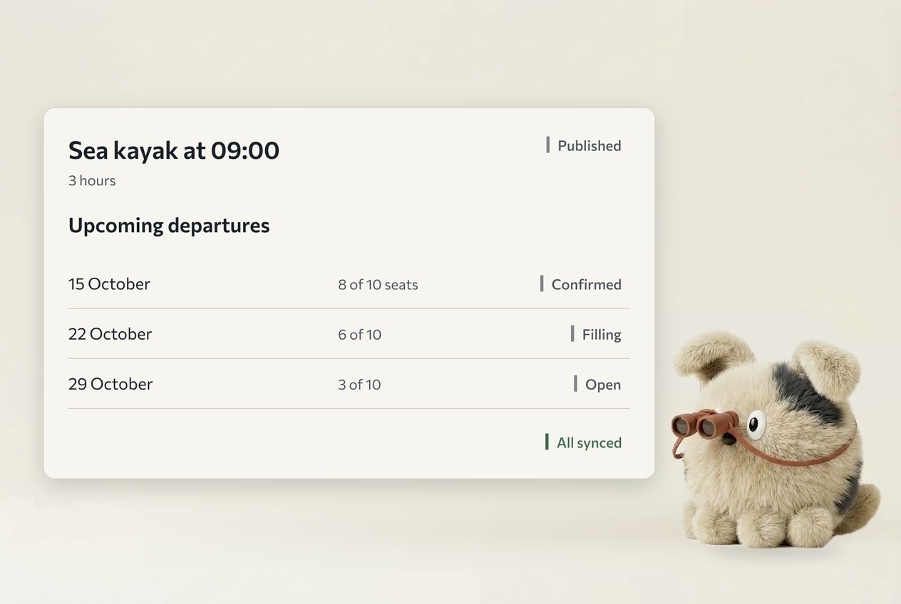 The Sales AI agent, as a plush toy, looks through binoculars at a Sea kayak at 09:00 card that reads All synced.